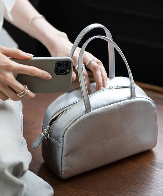 Leather Mini boston bag Shoulder bag 「Emmel」 Color: Silver
