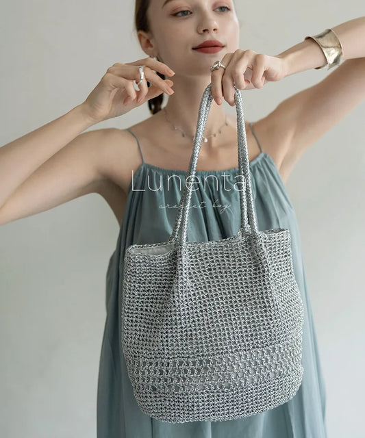 Metallic cord knit basket bag「Lunenta」 Color: Silver