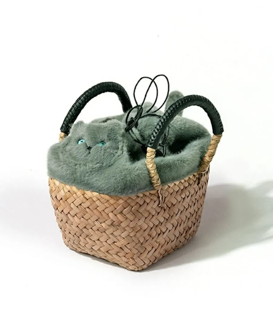 Cat motif fur basket bag "Minetpluche" Color: Aqua