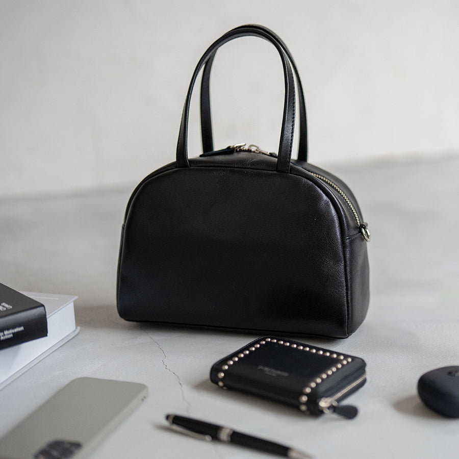 Leather Mini boston bag Shoulder bag 「Emmel」 Color: Black