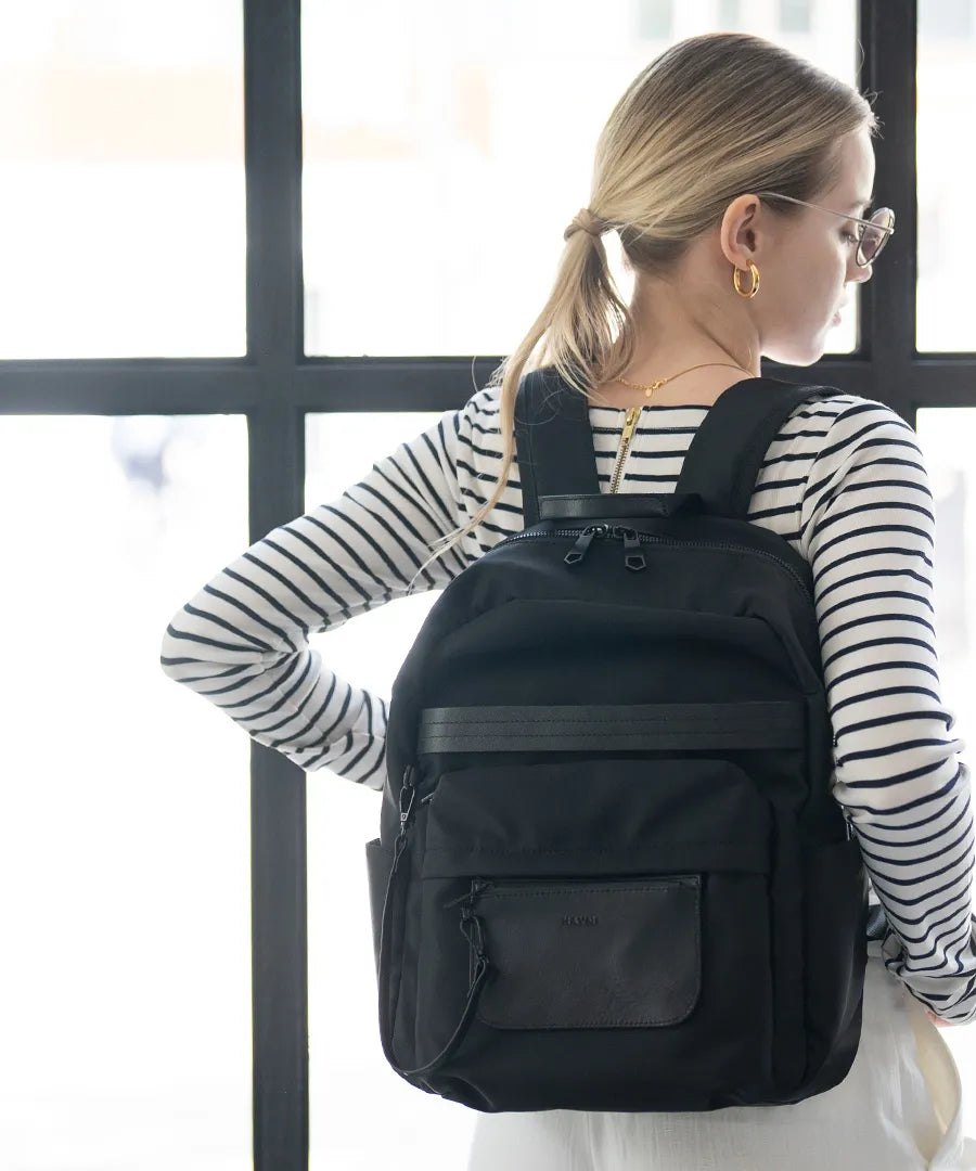 A female model carrying a backpack "Ragalo" Color:Black