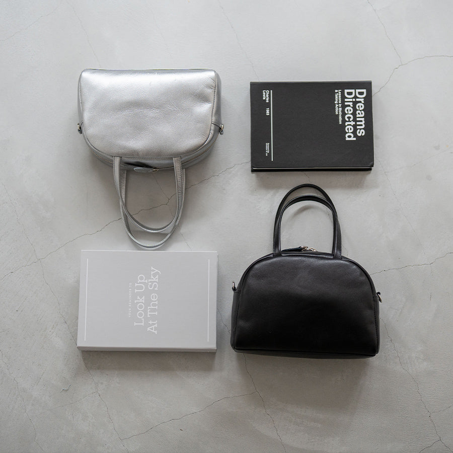 Leather Mini boston bag Shoulder bag 「Emmel」 Color: Black、Silver