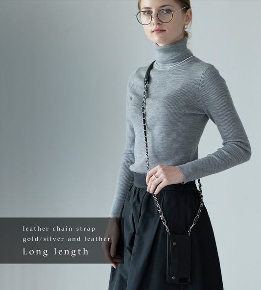「Leather chain strap Long」 Color: Black(Silver-color hardware)