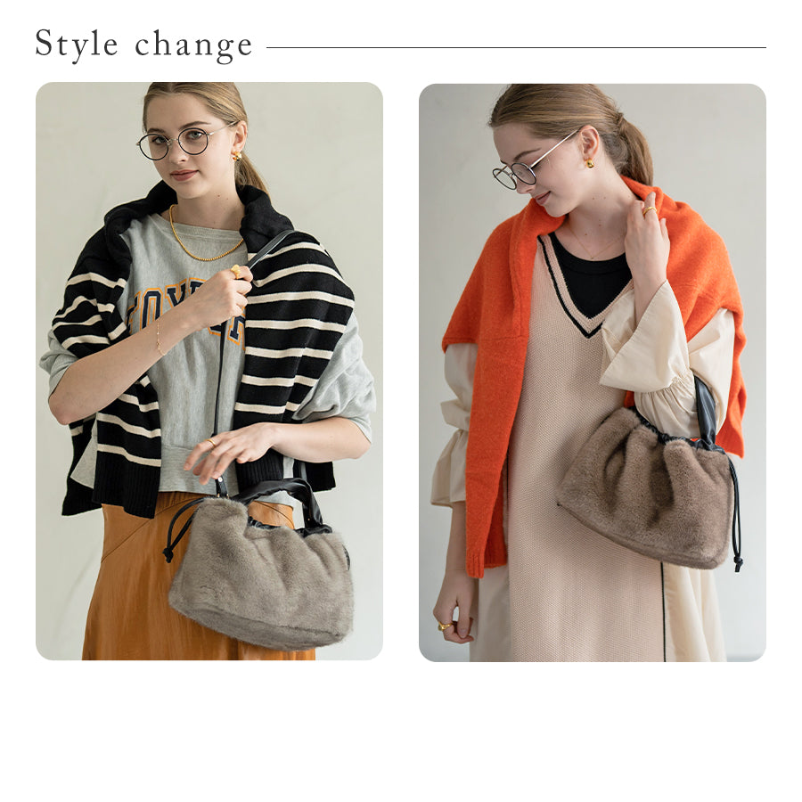 A female model is holding a tote bag "Dollfur". Color: Mocha greige,Light gray