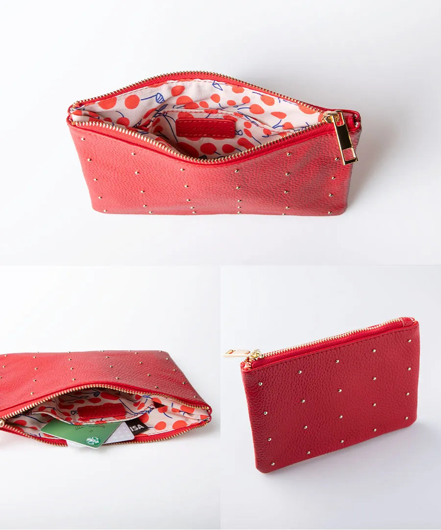 Leather pouch "Dotlpouch M" detail Color:Cherry red (gold dot)