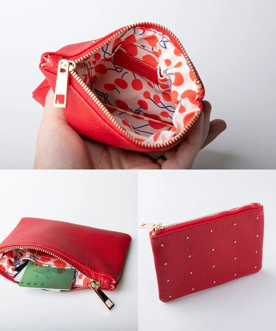 Leather pouch "Dotlpouch S" detail Color:Cherry red (gold dot)