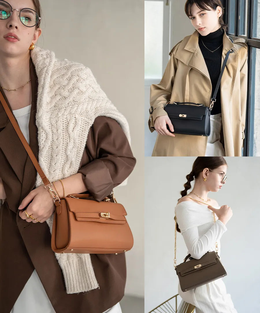 A female model is carrying a shoulder bag "Linzy" over her shoulder. Color:Black,Greige,Taupe