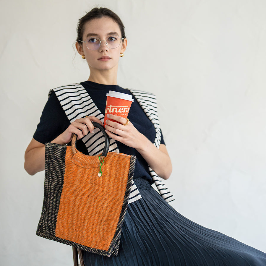 Fair trade linen tote bag 「Madul」 Color: Orange x Black