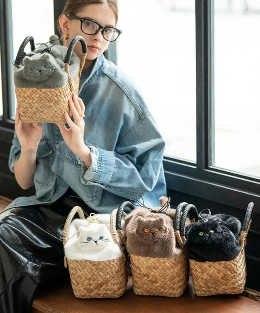 Cat motif fur basket bag "Minetpluche" Color: Mocha, Milk, Black, Aqua